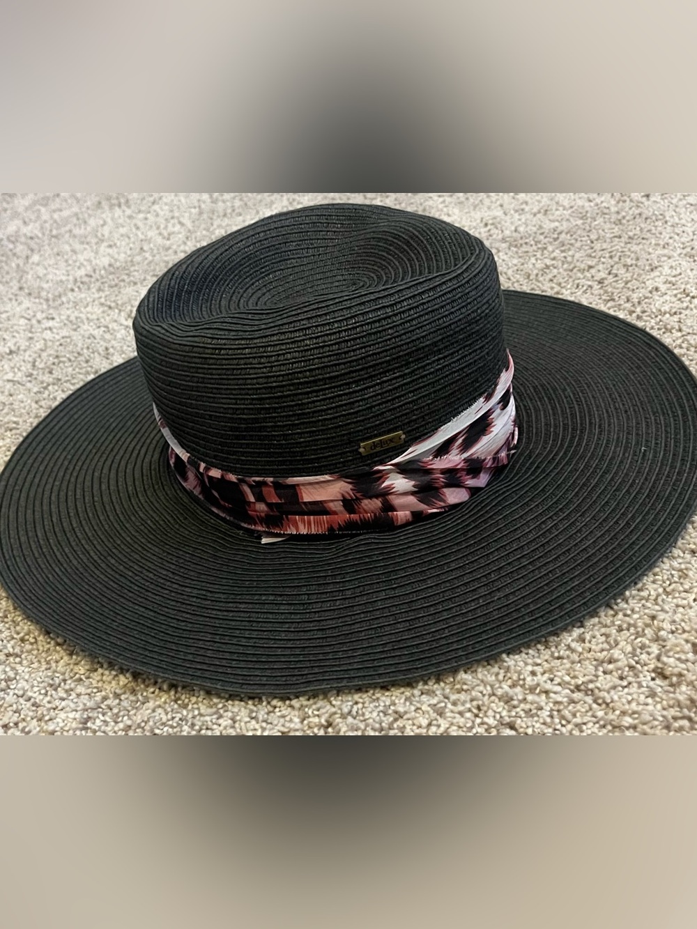 Black Wide-Brim Sun Hat with Pink Patterned Band